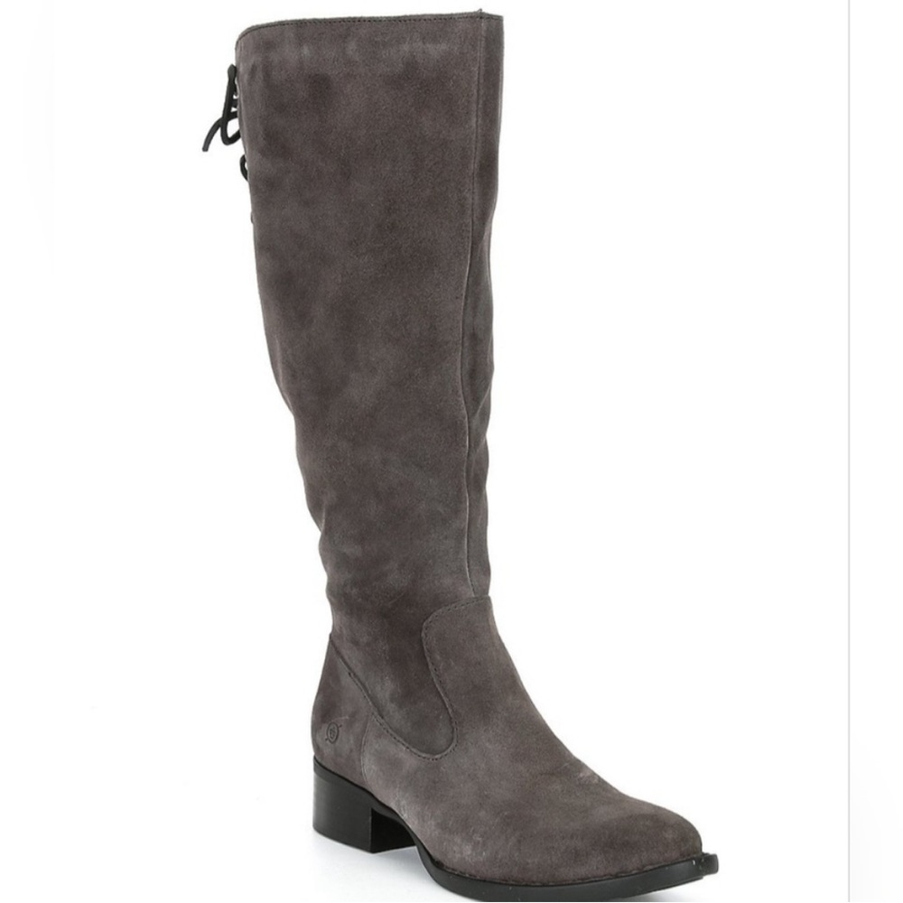 Born Boots Gray Knee High Cotto Suede Lace Up Back Side Zippper 7.5 NIB